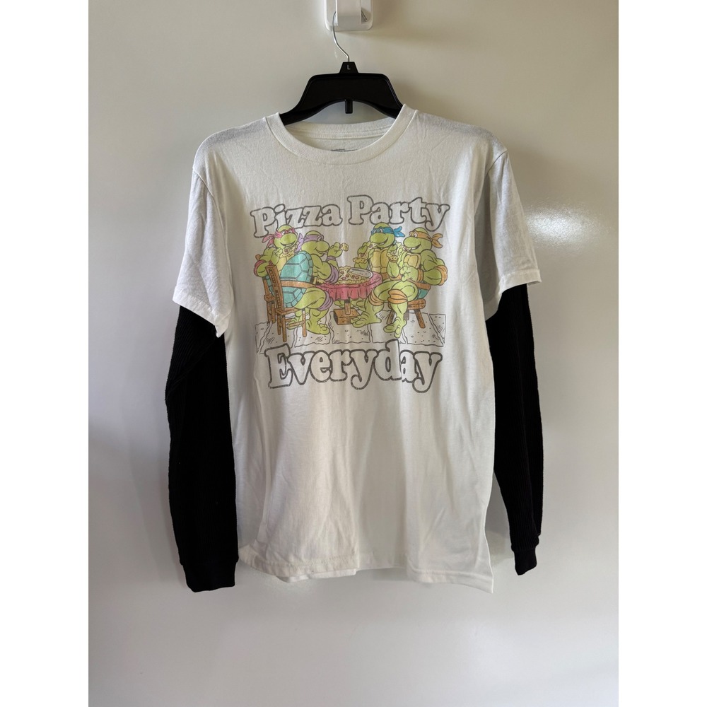 Nickelodeon TMNT Pizza Party Everyday Layered Long Sleeve Shirt XL White Black